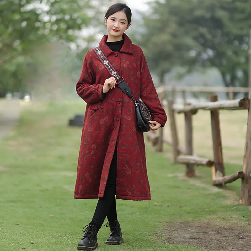 Pastoral Temperament Small Lapel Cotton Linen Single Breasted Long Coat Women's Winter Coat Loose Mother Plus Fleece Thick Coat