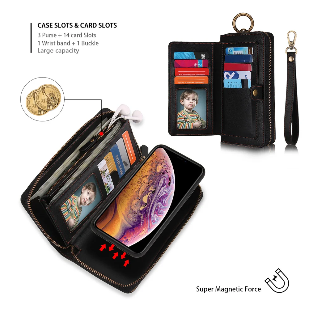Luxury Detachable Zipper Purse Magnetic Wallet Case for iPhone XS Max XR XS i6 i7 i8 Plus Shockproof Card Pocket Leather Cover image 4