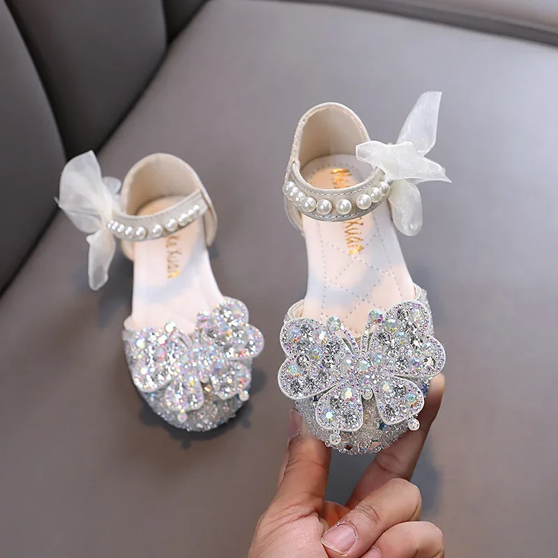 

2024 Summer Little Girl Sandal New Rhinestone Butterfly Children Princess Ballet Flats Fashion Elegant Sequins Kid Dress Sandals