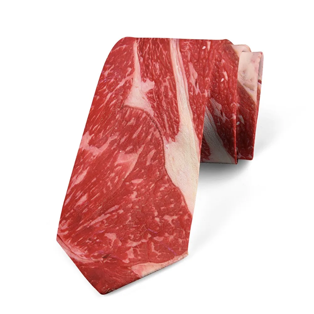 8 cm Krawatte im Fleisch-Stil, schmal, verstellbar, Krawatte mit heißem Essen-Druck, weich, interessant, Steak- und Lebensmitteldruck, Herren-Krawatte