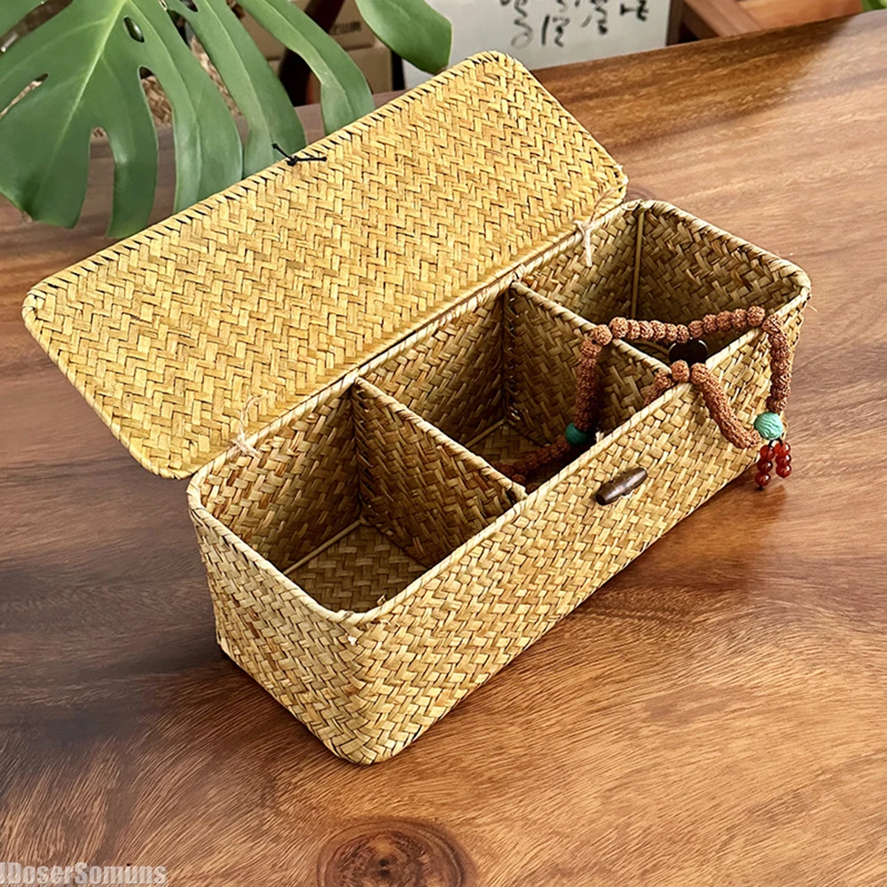 

Whitewash Seagrass Tank Basket with Lid Woven Toilet Roll Storage Basket with Sections Rectangular Snack Toys Storage Organize