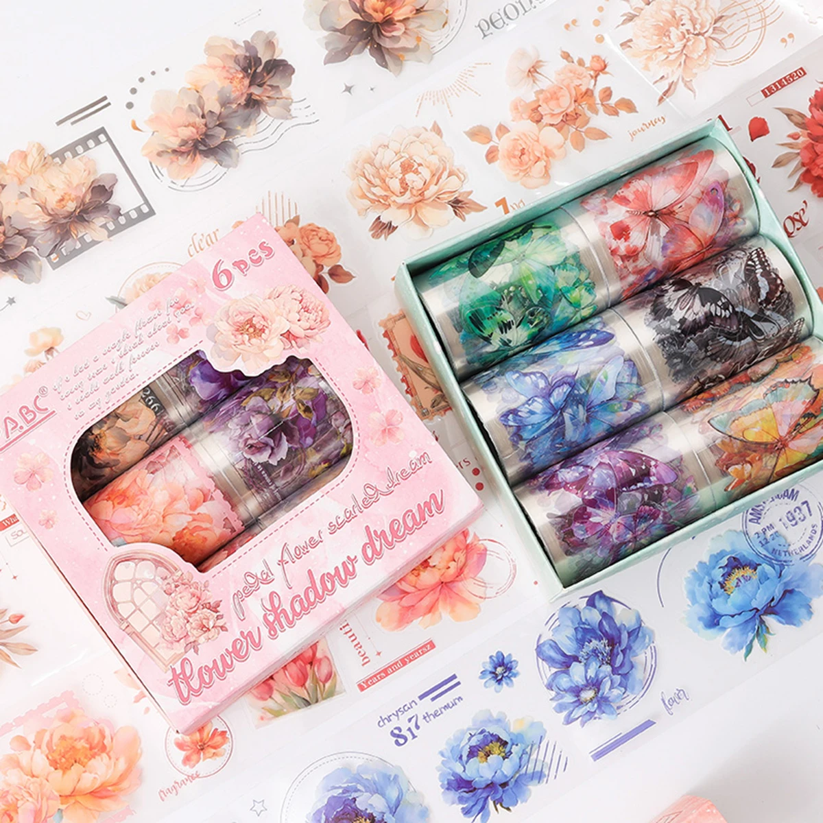 6 ロール/パック蝶花テーマテープ DIY ハンドブックジャーナル電話ケースガラスマグ装飾友人へのギフト