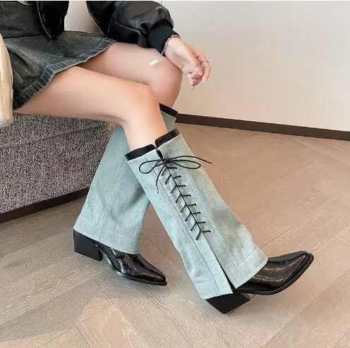 Fashion Girls Black Leather Blue Jeans Patchwork Cross Tied Lace Up Fold Chunky Heels Knee High Boots Pointed Toe Long Botas