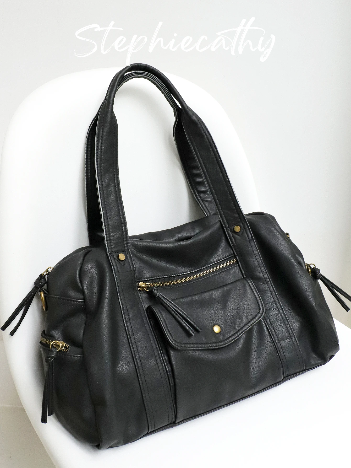 

SC Women Fashion Casual Cool Street Style Pockets Decor Handbag Brush off Washed PU Leather Large Tote Fits Laptop Daily College