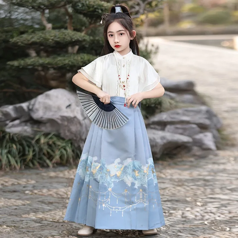 신상품 중국풍 말얼굴 스커트 여아용 고대 의상 투피스 한복 드레스 세트 어린이 생일 선물 코스프레