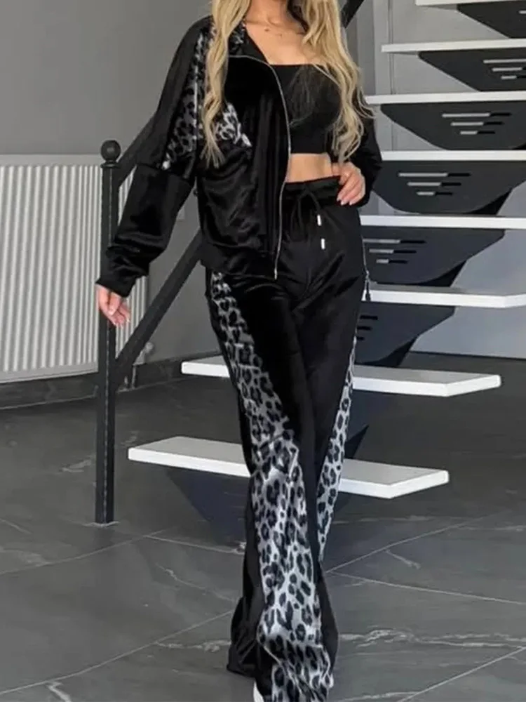 

Turn-Down Collar Cardigan Two Pieces Sets, Women Spring Summer Loungewear Patchwork Outfit, Straight Pants Simple Ladies Suits
