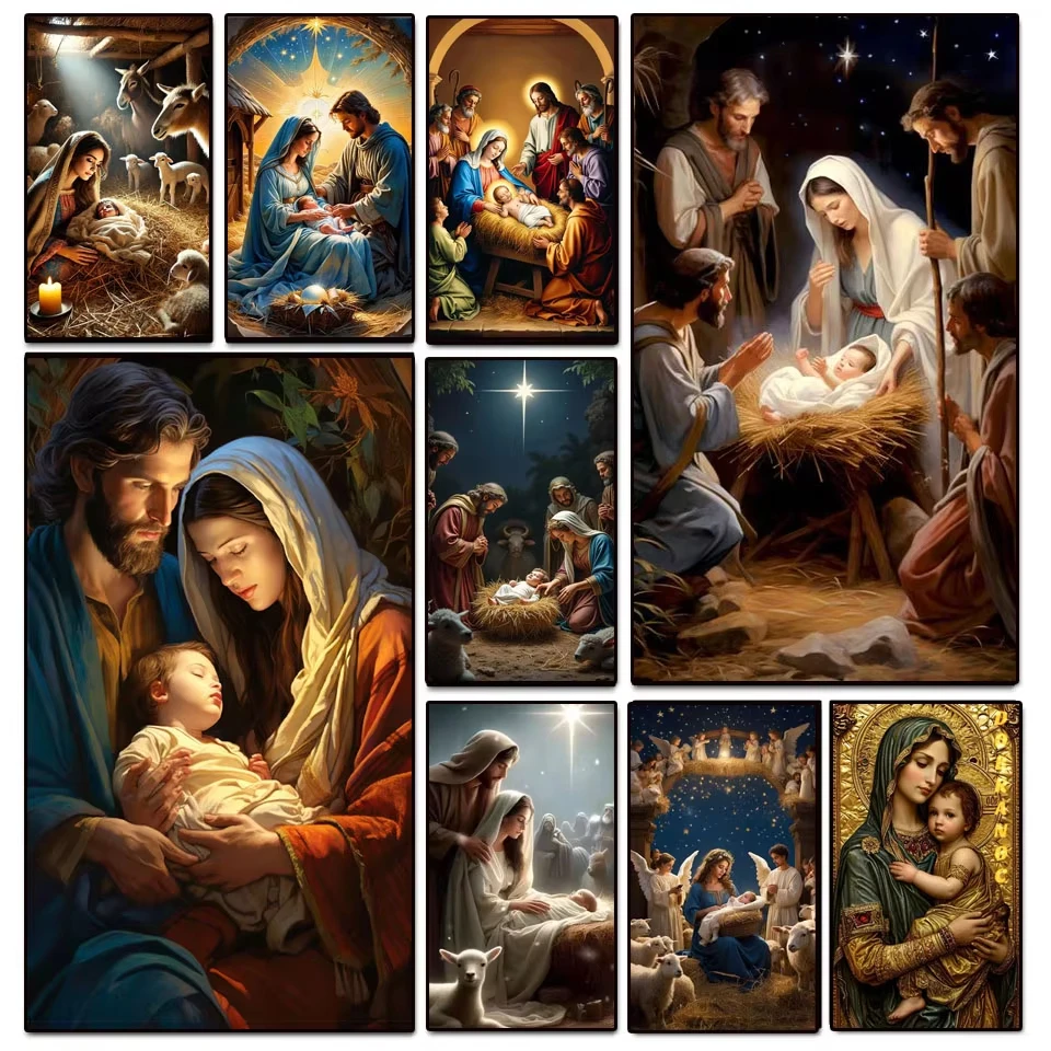 Peinture Diamant DIY Scène de Nativité Sainte Famille Étoile Étable Mosaïque Artisanat Exquis Cadeau Créatif Décoration Maison