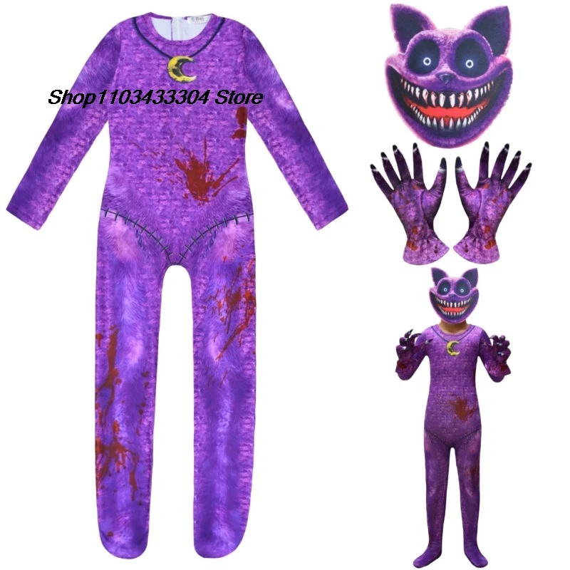 New Halloween Children Role-playing Catnap Smilings Critters Cat Cosplay Costume Catnap Jumpsuits with Mask Kids Horror Costumes