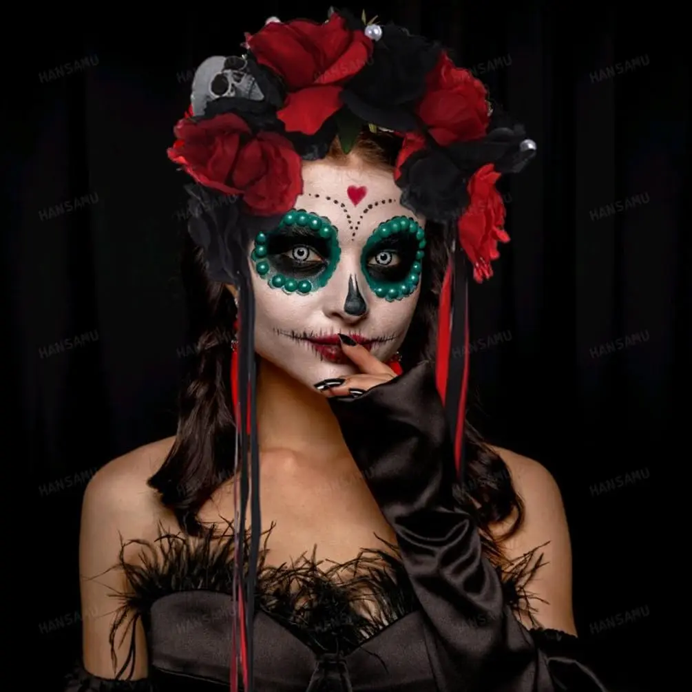 Opaska z meksykańskimi kwiatami Dzień Zmarłych Róża Kwiatowa Korona Nakrycie Głowy dla Kobiet Dziewcząt Kostium na Halloween Ślub Cosplay (Czarno-Czerwona)