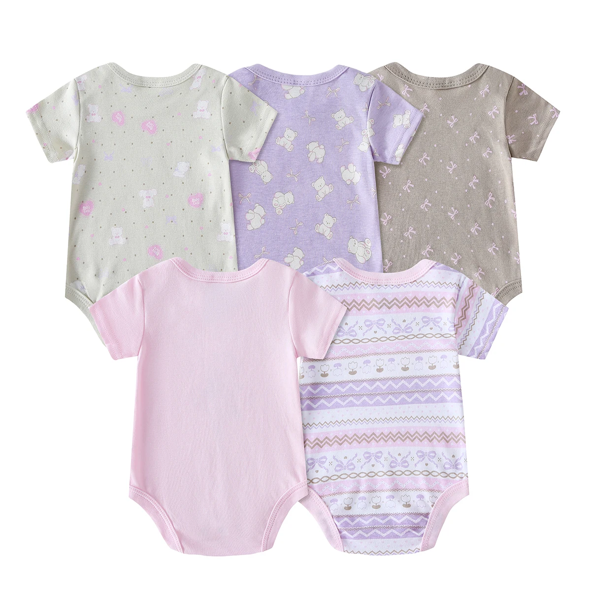 5pcs Baby Girl Romper Set - Cute Animal Print Short Sleeve Outfits with Ribbed Cuffs, Soft Breathable Fabric, All-Season Comfort, Elegant Round Neck Design for Outdoor Play & Casual Attire, Baby Girl Clothes, Playful Babywear, Comfortable Babywear