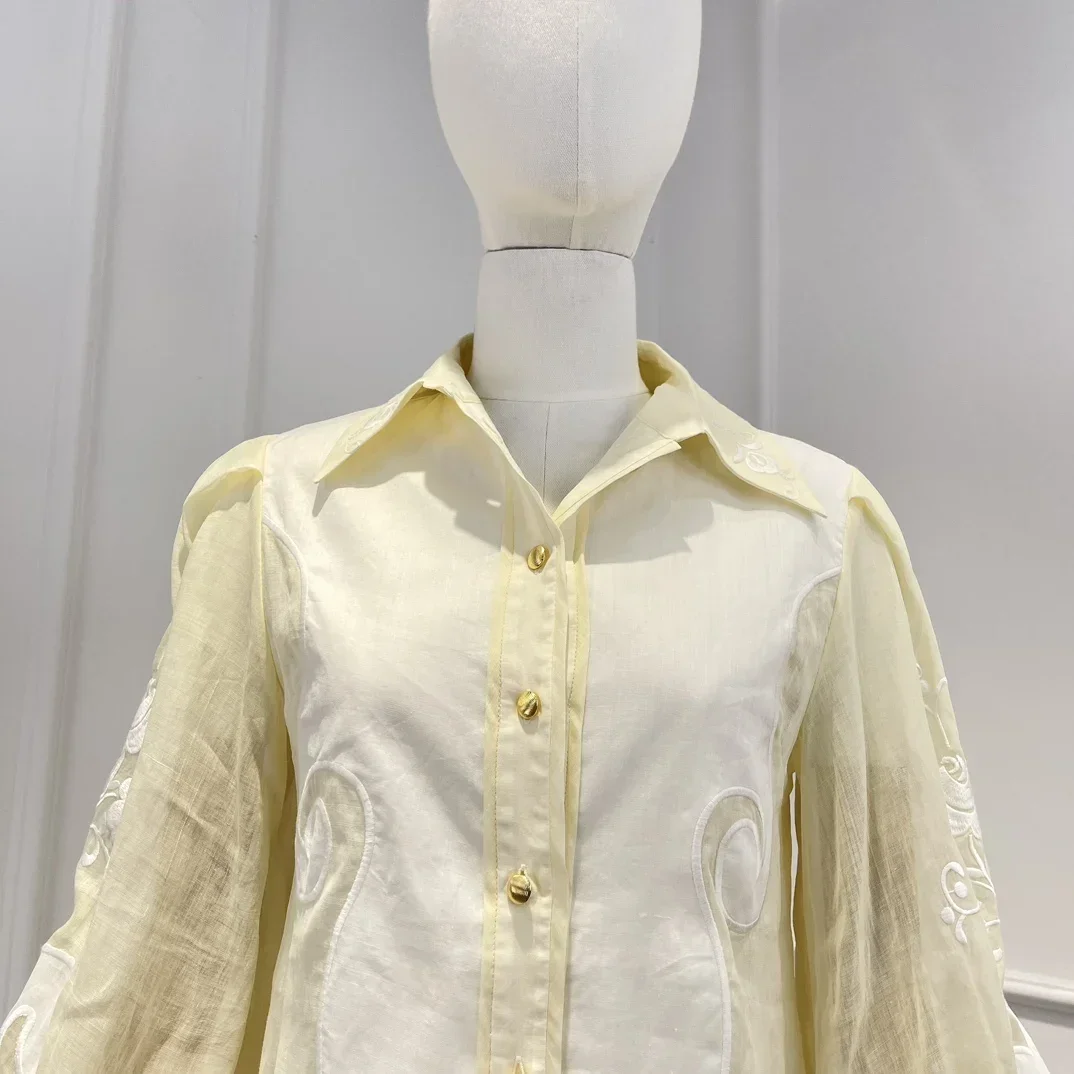 Vintage High Quality Spring Summer 2023 white Floral Emboridery Patchwork Long Lantern Sleeve Yellow Blouse