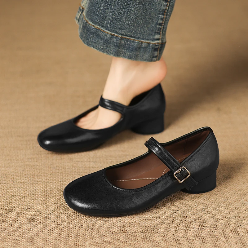 2026 new spring summer women pumps natural leather 22-25cm sheepskin+pigskin round toe round heel buckle mary janes women shoes