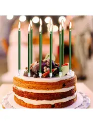 12/24 Pieces Metallic Candle Long Green Candle Birthday Candles With Holder Cake Candles For Wedding Birthday Party Decoration