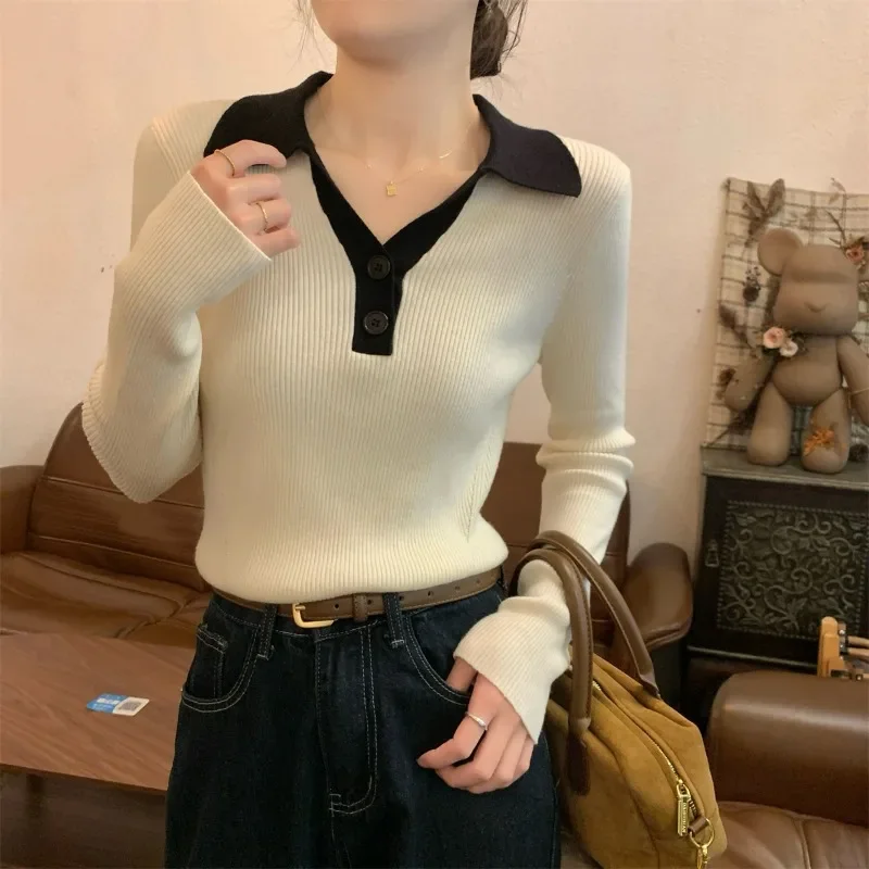 Polo-Ausschnitt Pullover Frauen koreanischen Stil Herbst und Winter Büro Dame Basic Tops schlanke und dünne Langarm Strick pullover weiblich