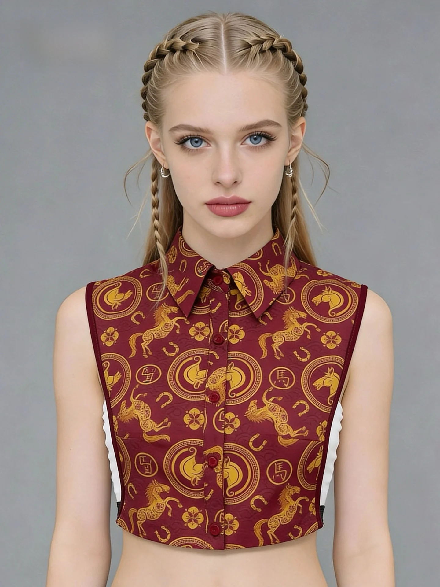 純綿シャツ襟セーターインナーウェアトレンディプリントフェイクカラーベースレイヤー（馬年祝賀用）小馬デザイン