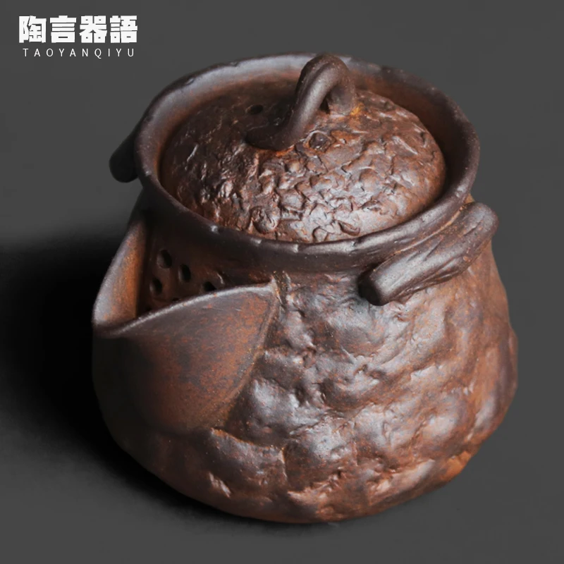 Vintage Style Rough Stoneware Textured Hand Held Teapot for Kung Fu Tea Etiquette - Small Wide Mouth Tea Brewing Single Pot