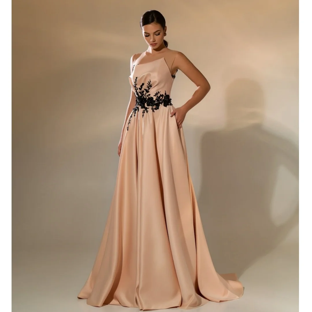 

A Line Satin Evening Dresses Sheer O Neck Lace Appliques Prom Dress Elegant Wedding Party Gown Customized Long Vestidos