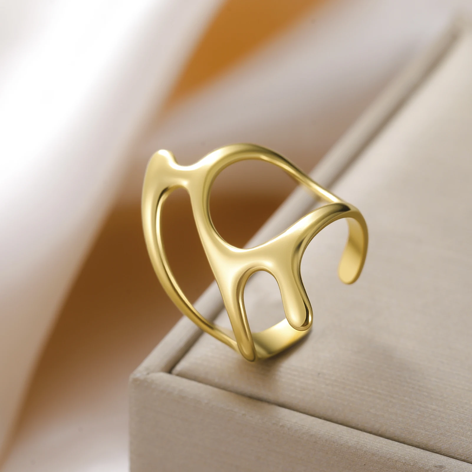 COOLTIME Edelstahl Wasserdicht Ring Mode Vergoldet Unregelmäßige Hohl Offene Ringe Multi-schicht Anillos Schmuck – Detail 1