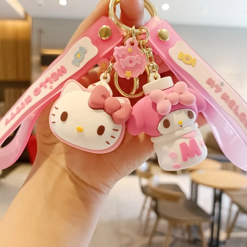 MINISO Sanrio Snacks Series Keychain Cute Pendant Cartoon Hello Kitty Cinnamoroll My Melody Pochacoo Kuromi Pom Bag Decoration