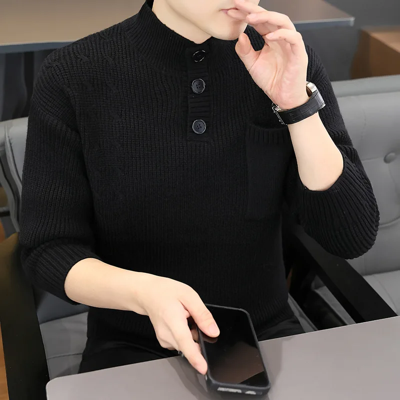 Versi Korea Sweater Rajut Pria Kerah Setengah Tinggi Lengan Panjang Warna Solid Kancing Depan Model Pullover Pakaian Atasan Pria