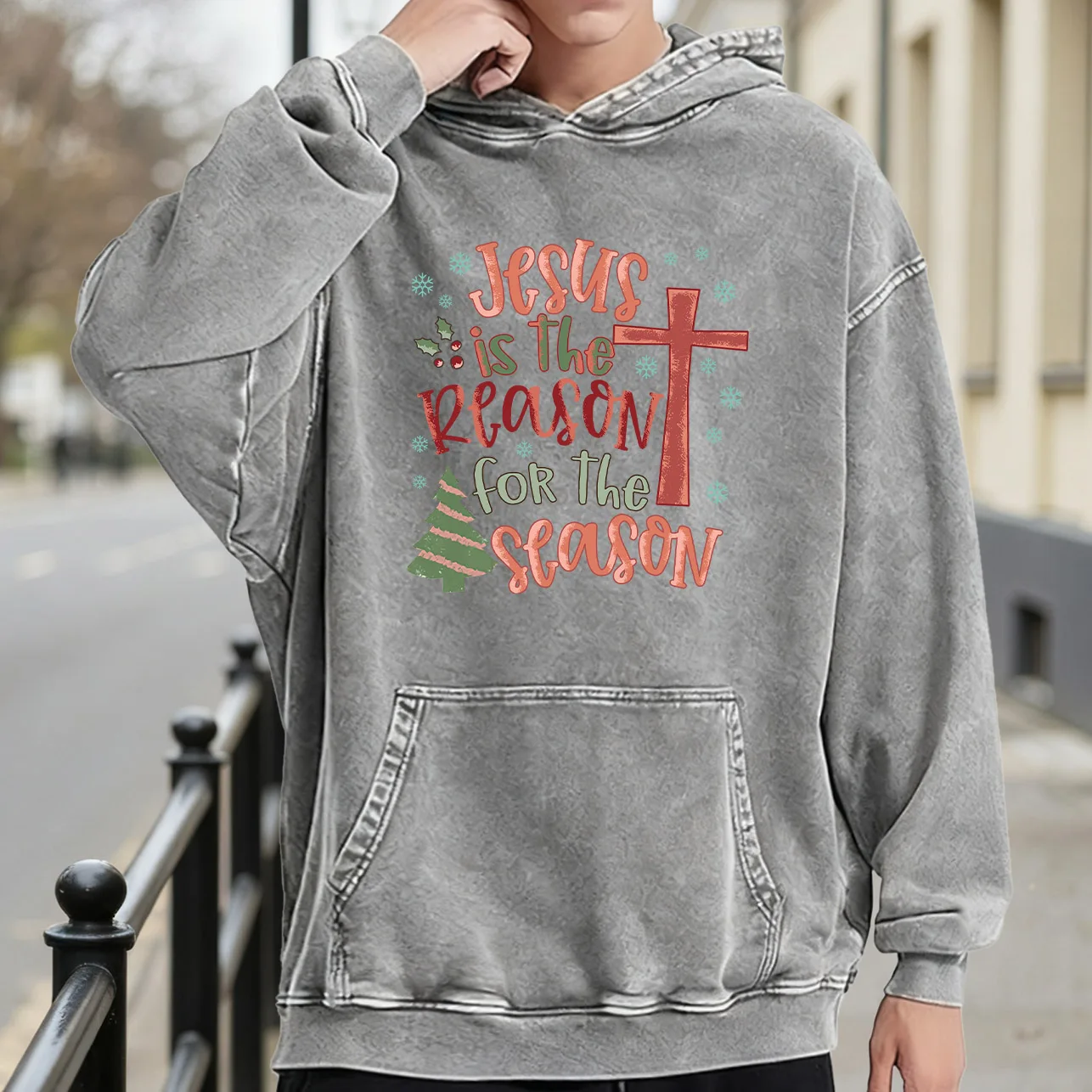 

Мужская винтажная потертая толстовка с рисунком «Кресты и рождественские елки», потертый пуловер в стиле ретро, уличная повседневная толстовка