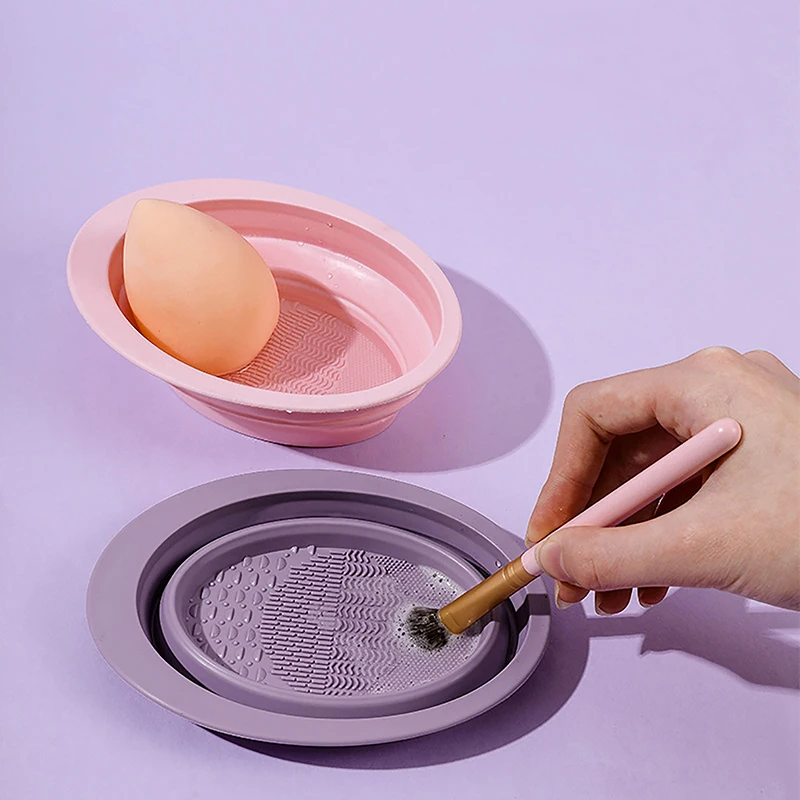 1PC Portable Foldable Silicone Bowl Beauty Egg Sponge Powder Puff Washing Scrub Mat with Drying Rack Net Makeup Cleaning Tool