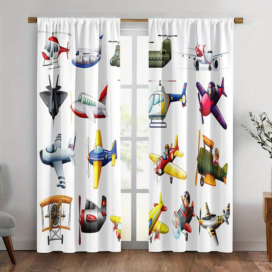 Cartoon Airplane Curtain, Colorful Plane Helicopter Print Drape, Aviation Theme Window Treatment for Kids Bedroom Nursery Home
