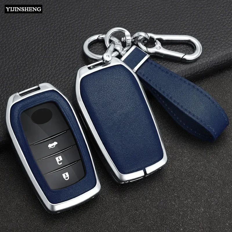 Zinc Alloy + Leather Car Key Case Full Cover for Toyota CHR Hilux Fortuner Land Cruiser 200 Camry Corolla Crown RAV4 Highland