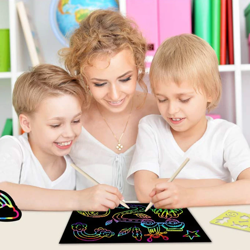 Children Scratch Painting Drawing Toys with Template Plastic Art Creative Graffiti for Young Kid Handmade DIY Birthday Gift TMZ