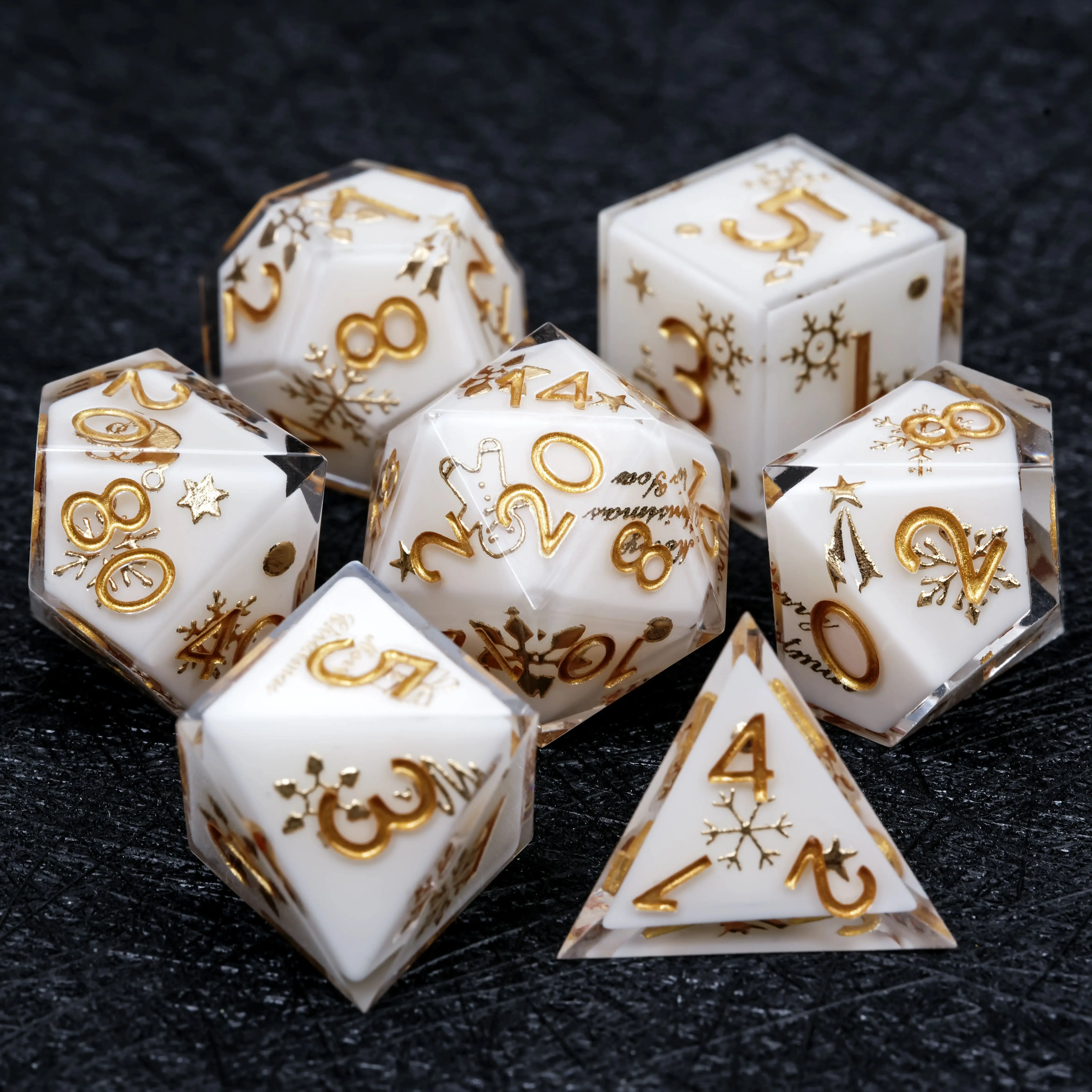 

7Pcs Christmas DND Dice Set White Resin Dice Golden Word Multi-sided Polyhedral Dice for D&D Game COC Role Playing RPG Table