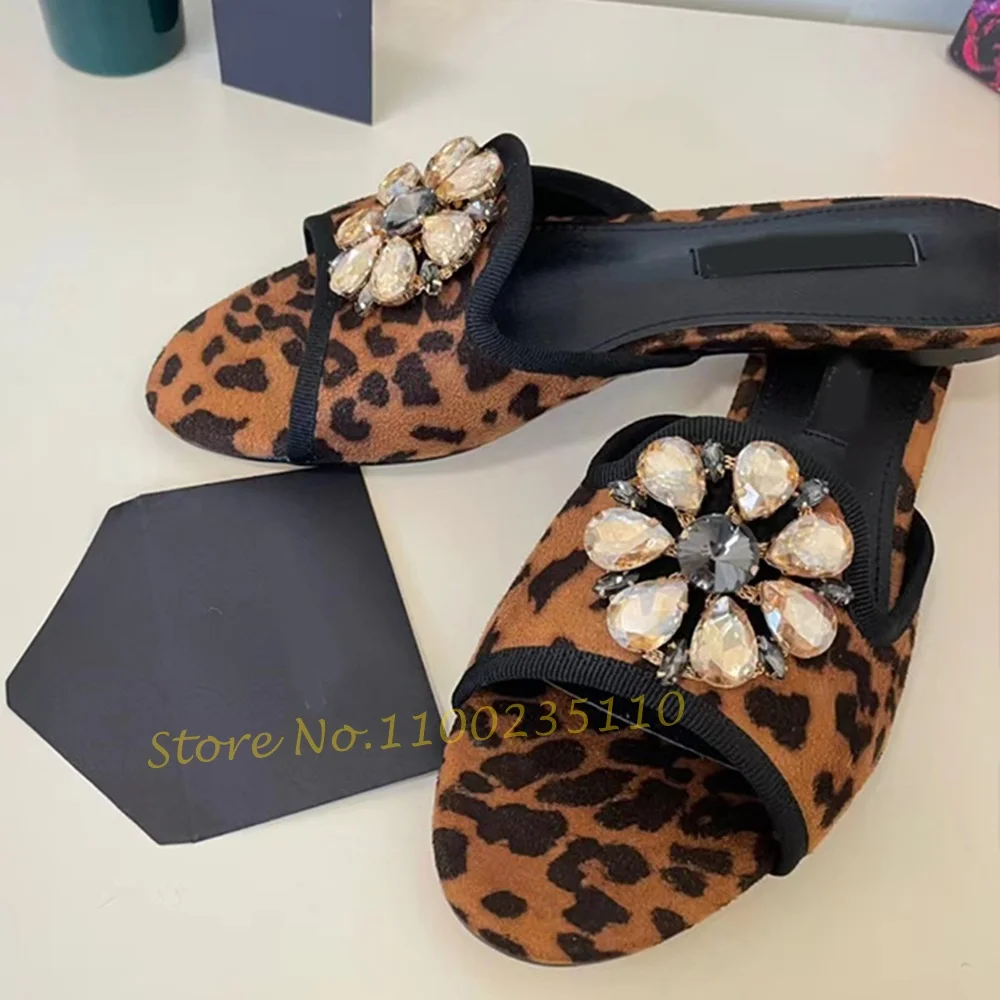 Crystal Flower Leopard Flat Slippers Women Summer Comfy Brown Shoes Sexy Open Toe Rhinestones Slippers Casual New Arrival Shoes