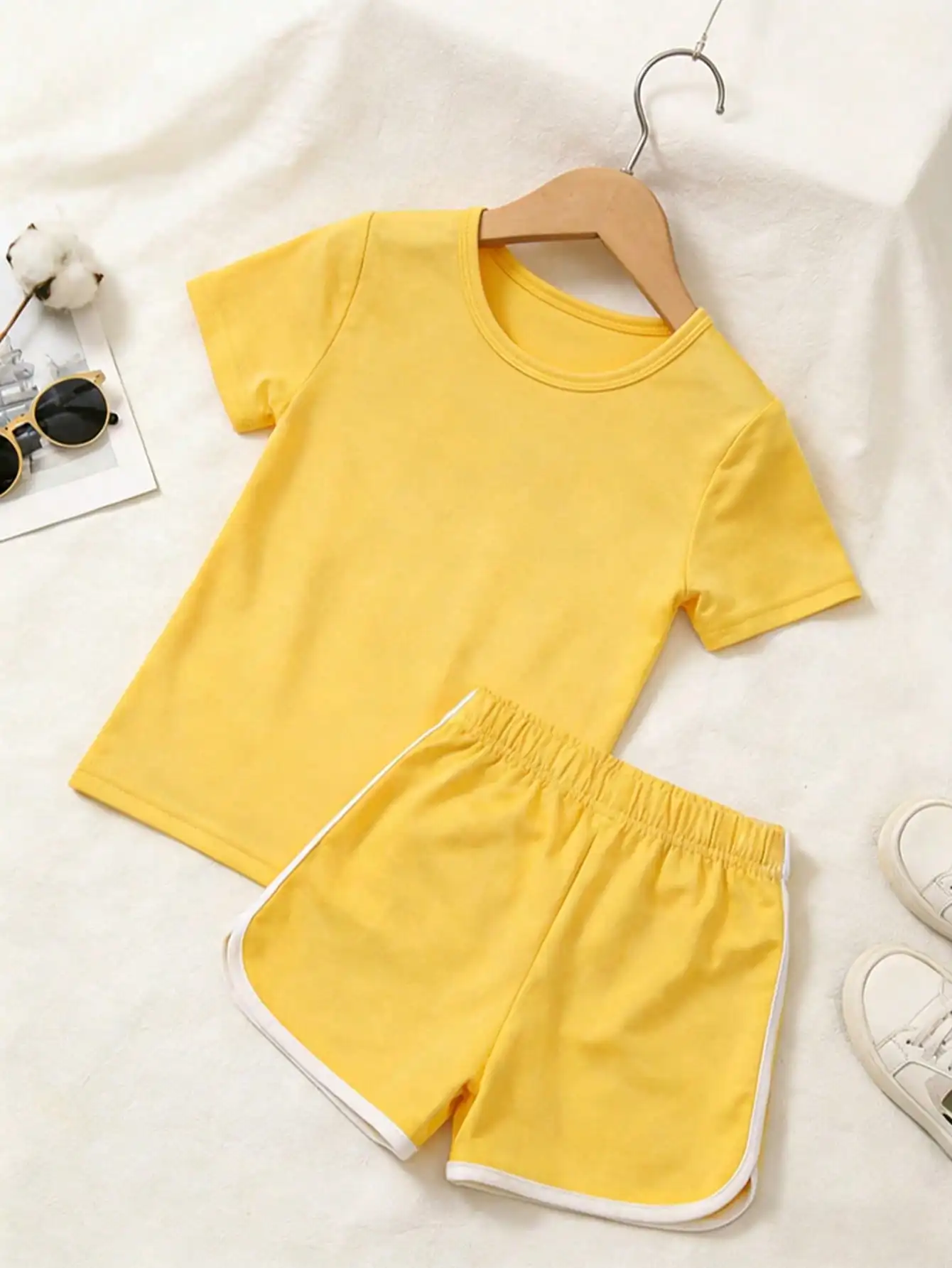 Kids Girls 2Pcs Solid Color Outfit Set 2-11Y Short Sleeve T-shirt & Dolphin Shorts Polyester Spandex Summer Casual Tracksuit
