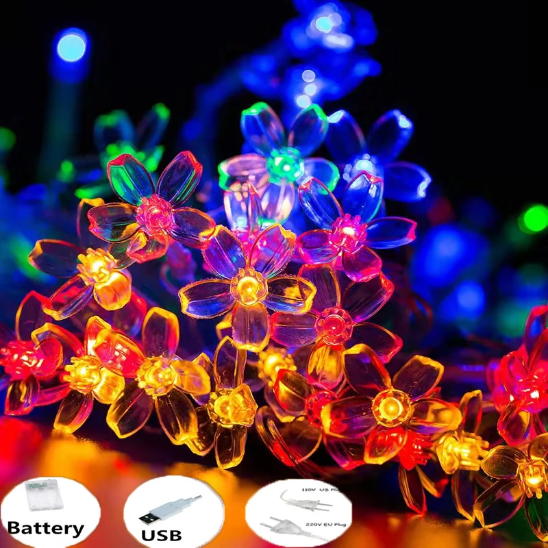 3M/5M/10M USB Battery LED String Fairy Lights Crystal Cherry Blossom Flower Festoon Christmas Wedding Party Room Garland Decor