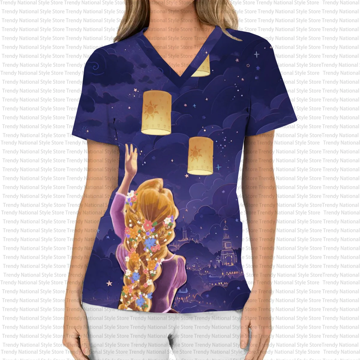 Neues Enchanted Story Rapunzel Cartoon Print V-Ausschnitt Pocket Frosted Top, medizinische Damen-Krankenschwester-Arbeitsuniform, Schönheitssalon-T-Shirt