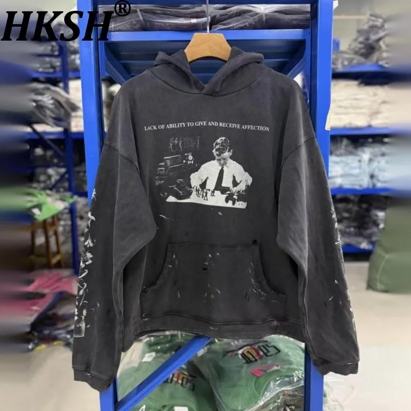 HKSH Spring Autumn New Men Tide Chic Ins Dark Punk Vintage Distressed Washed Frayed Hooded Sweatshirt Women Trend Hoodie HK28214