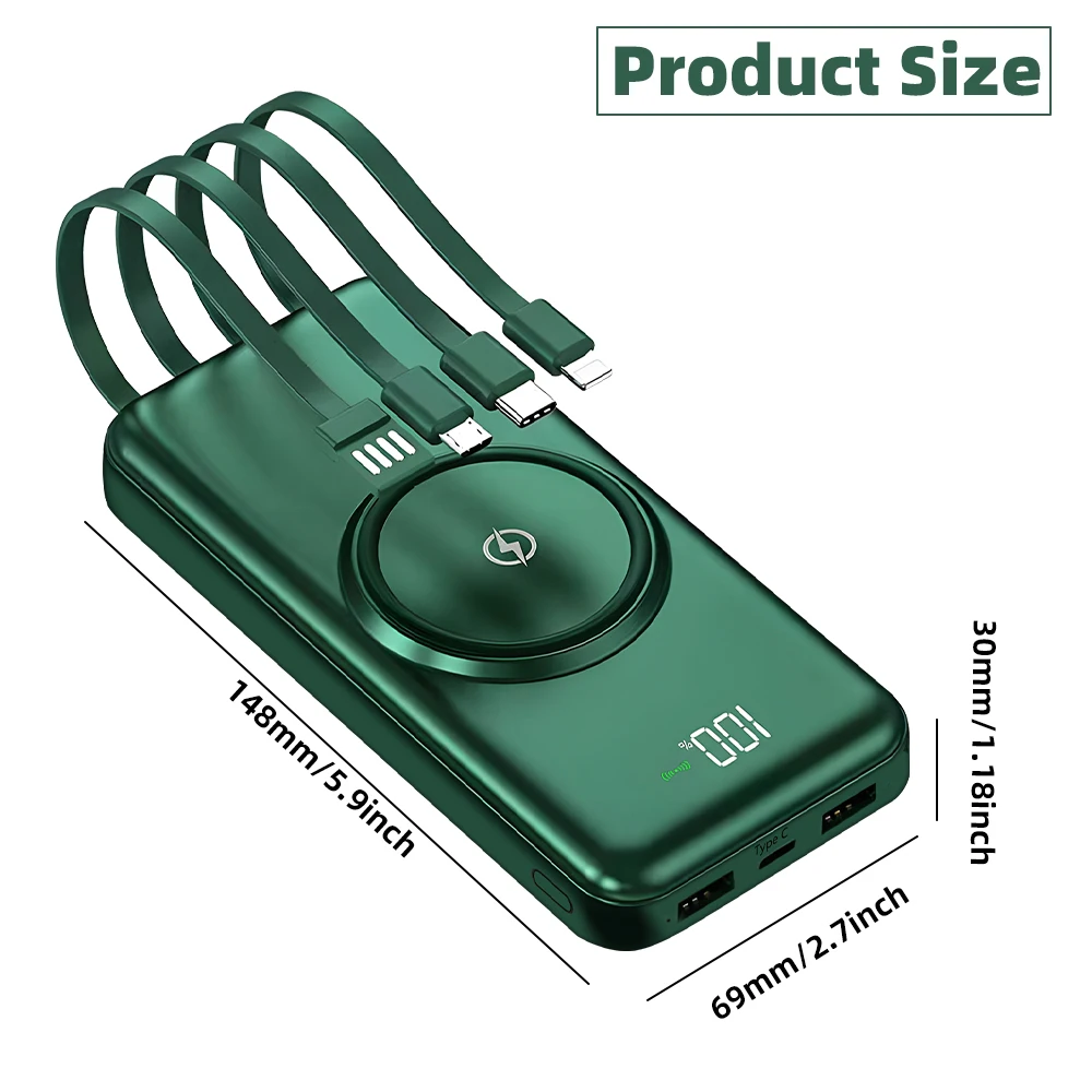 Banco de energía inalámbrico de 20000mAh, cargador de teléfono móvil con Cable de alimentación cuádruple incorporado, carga rápida para Iphone 13, 14, 15, Xiaomi y Samsung