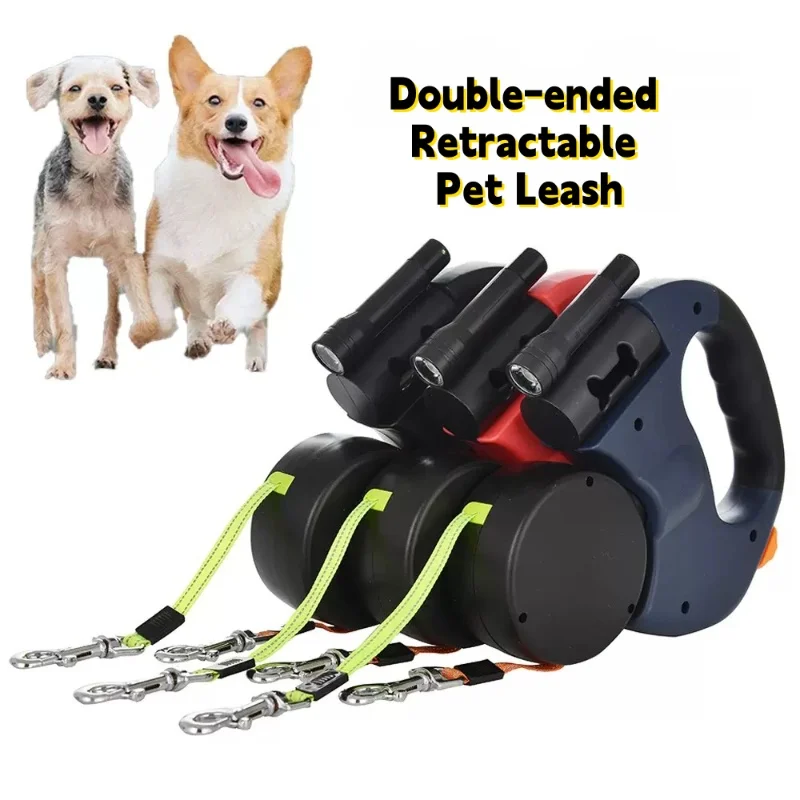 

Dual-head retractable dog leash equipped with a light and a poop bag holder suitable for two pets anti-entanglement design