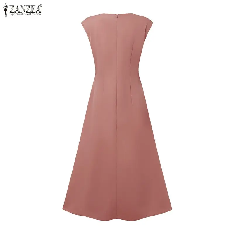 ZANZEA Mode Vrouwen Geplooide Lange Jurk Sexy Mouwloze Solid Elegant Party Vestidos 2026 Zomer O-hals Streetwear Kantoor Gewaad