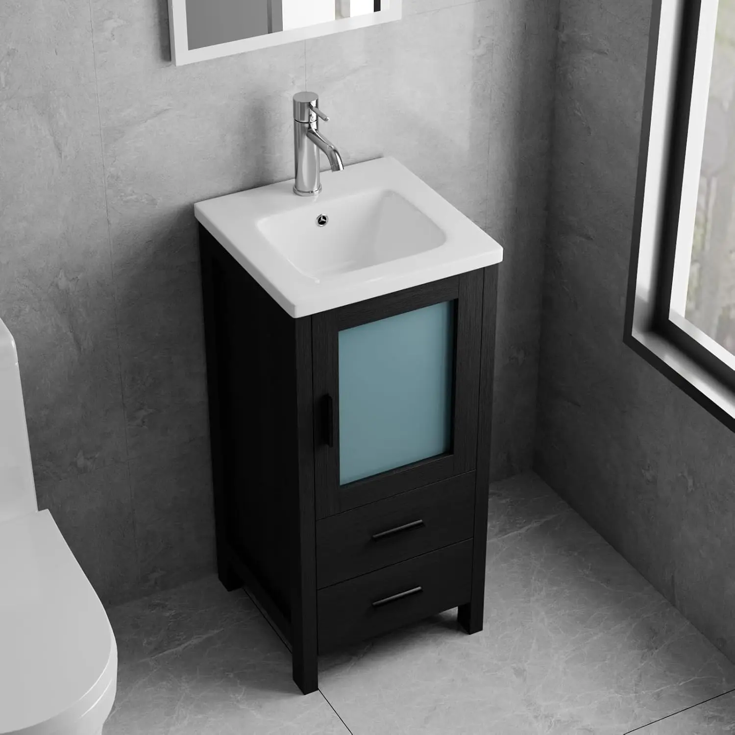 

16" Small Bathroom Vanity Set - Modern Black Wood Cabinet with Ceramic Sink, Faucet & Pop Up Drain, Customized