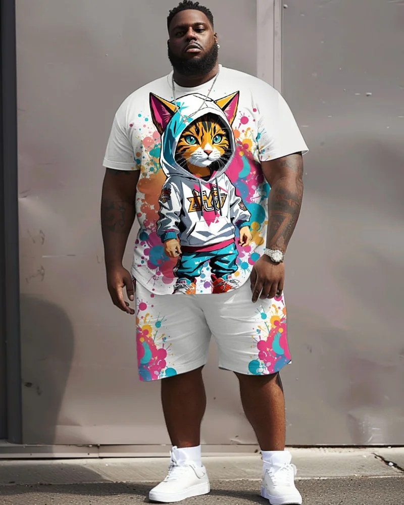 L-9XL Oversized Summer Suit Brightly Colored Prints Round Neck Short Sleeve Shorts Set Versatile for Daily Life ZOOY