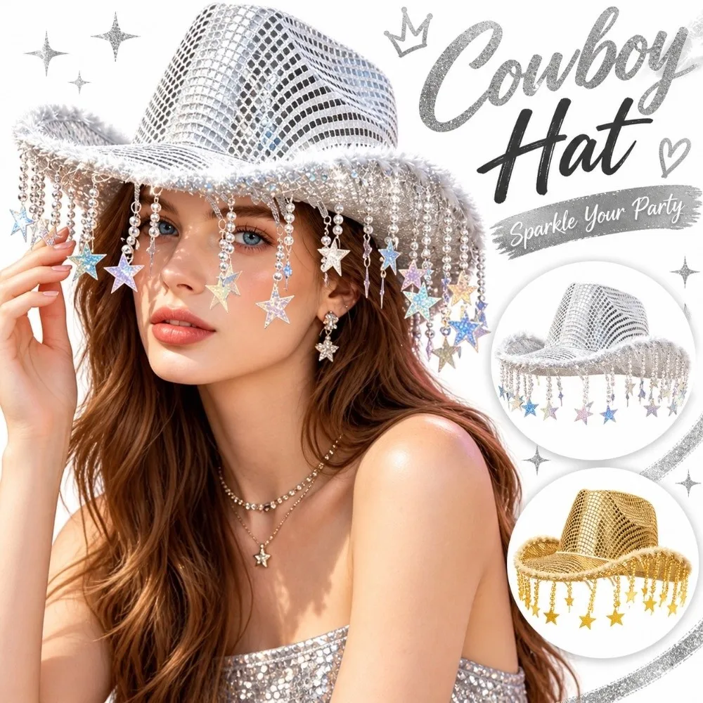 Tassel Decoration Rhinestone Cowboy Hat Sparkling Glitter Fabric Rhinestone Band Rhinestone Cowgirl Hat Structured Fit