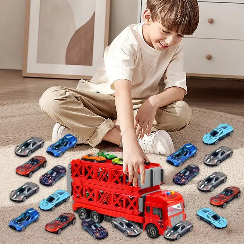 Boys Transport Truck 2-Layer Car Storage Transporter Foldable Transport Carrier Set Car Race Track Playset With Ejection Race