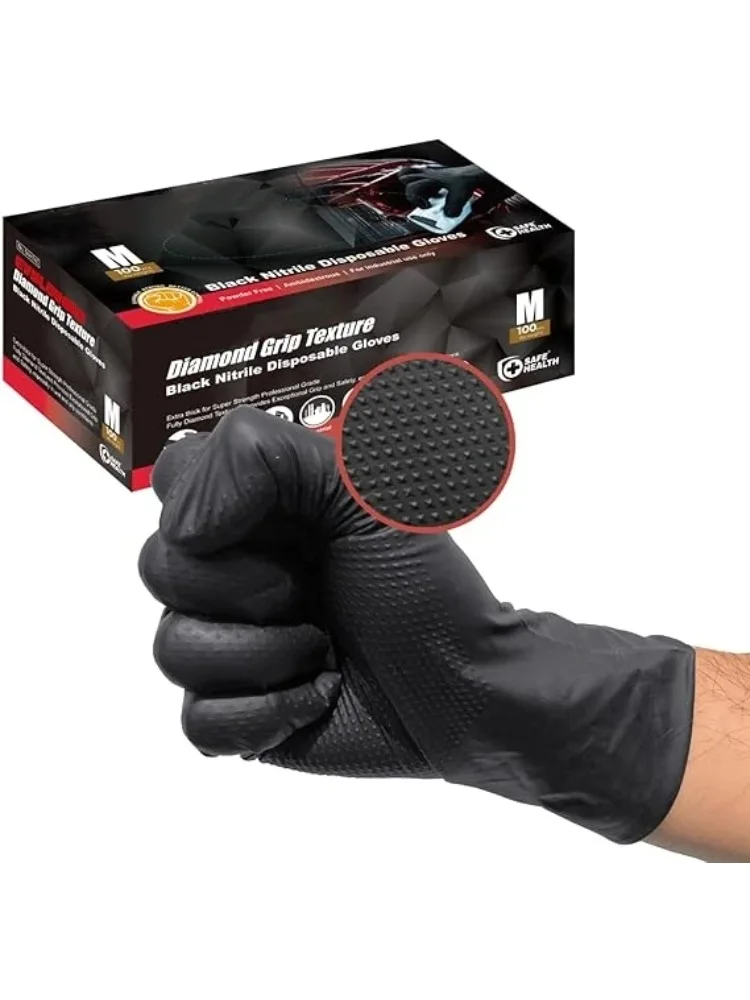 Zwarte nitrilhandschoenen Wegwerp 8-mil latexvrije monteurhandschoenen voor heren Heavy Duty diamanttextuur industriële monteurhandschoenen - afbeelding 2
