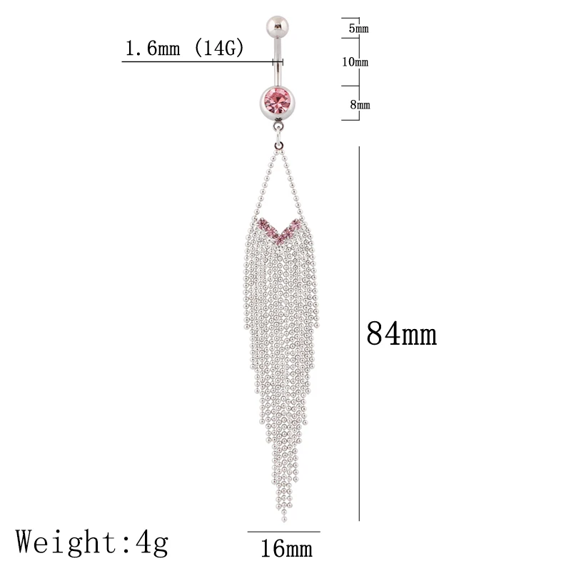 Body Jewelry  Women Belly Button Ring Tassel Chain Fashion Lady Piercing Jewelry Navel Ring 14G 316L Surgical Steel Clear Pink