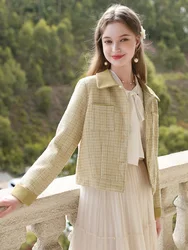 I BELIEVE YOU Yellow Tweed Coat for Women French Spliced 2023 Autumn New Beautiful Short Office Lady Solid Jackets 2233185369