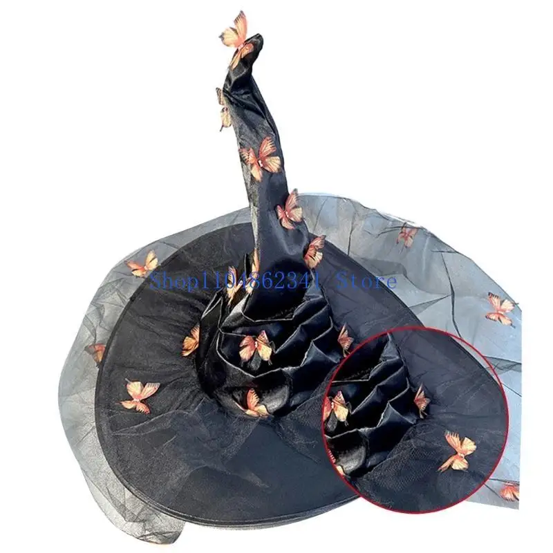 5asd Unisex Halloween Wizard Witch Hat with Butterfly Applique Wizard Hat Adult Teenager Cosplay Witch Festivals Party Tool