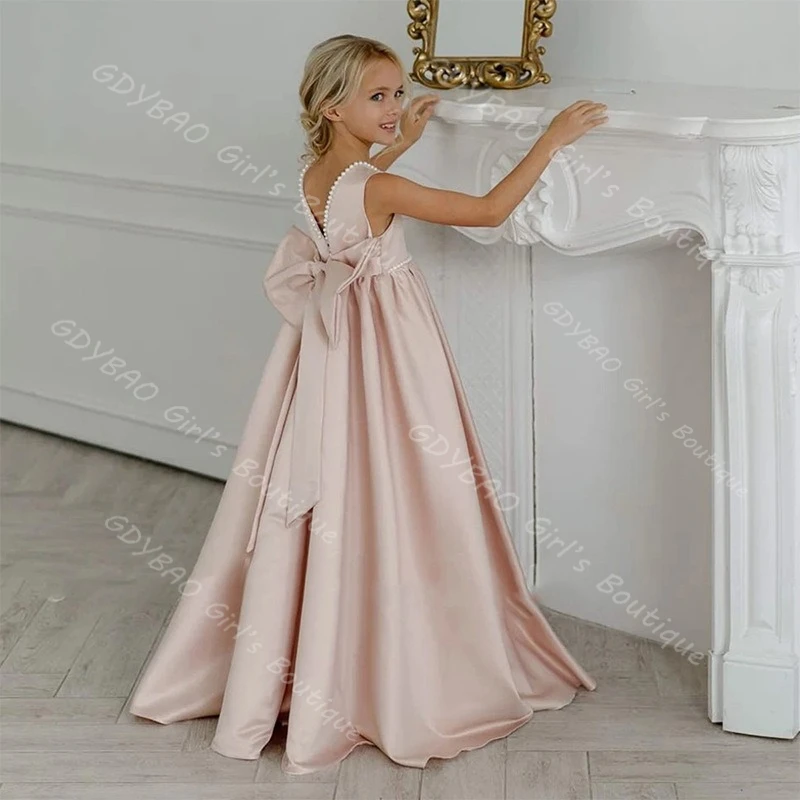 

Платье трапециевидной формы/принцессы с цветочным узором для девочек на свадьбу, с круглым вырезом и V-образным вырезом на спине, платье для причастия с жемчугом/бантом, детское платье для дня рождения на заказ