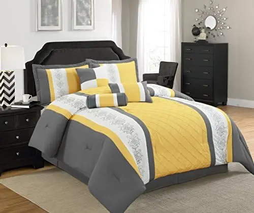 

7 Pc Grey, Yellow and White Striped Comforter Set with Embroidered Design, Full Size