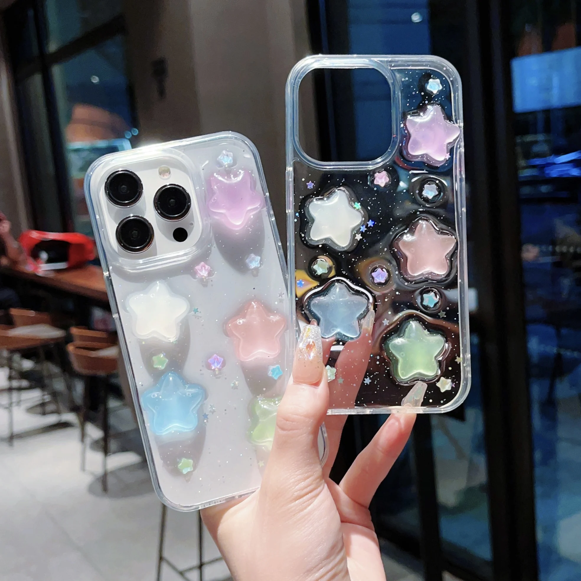 3D epoxy luminous star shaped phone case suitable for iPhone 15, 14, 13, 12, 11 Pro Max Plus Mini transparent TPU surface