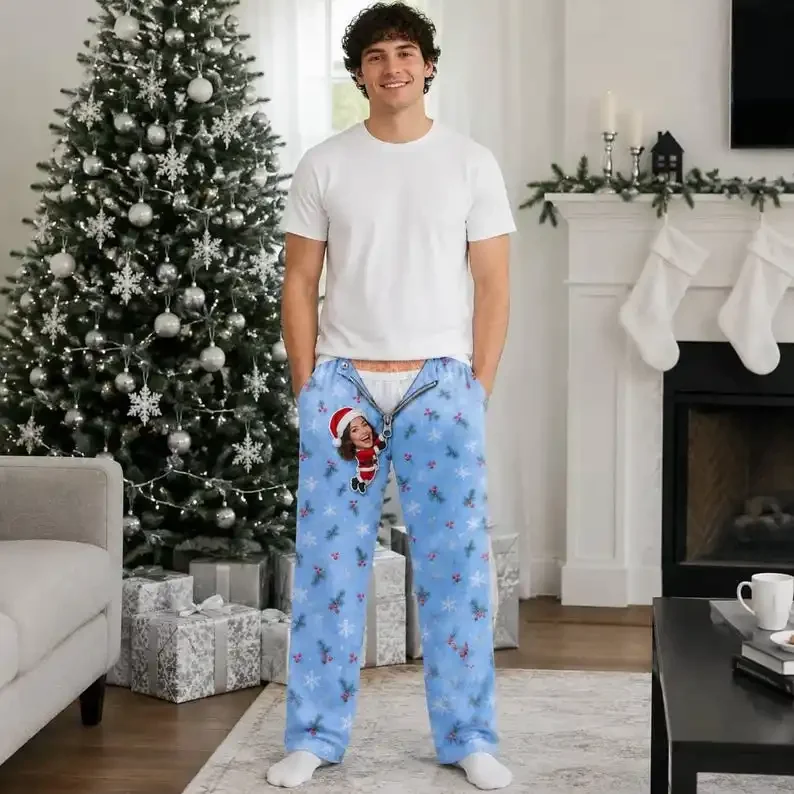 Funny Men Christmas Pajama Pants Cute Santa Character Zipper Snowflake Pine Branch Print Loose Wide Leg Trousers Xmas Holiday